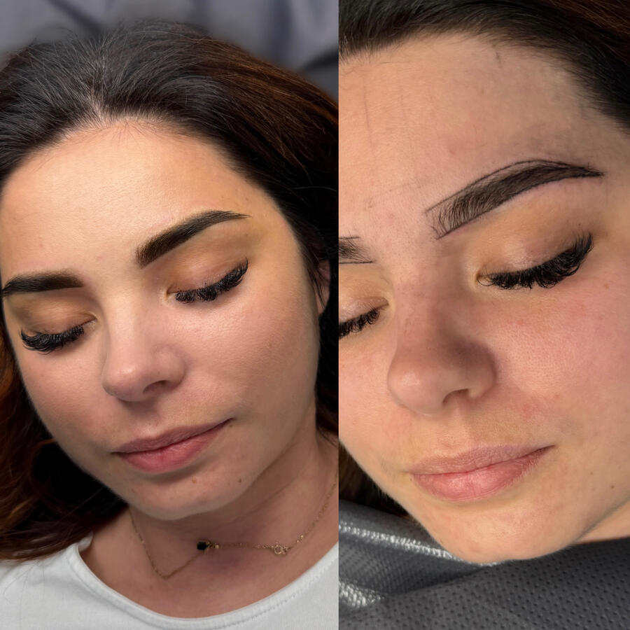 Lekkie brwi pudrowe z delikatnym przejściem tonalnym u brunetki. Lekkie brwi pudrowe z delikatnym przejściem tonalnym u brunetki.